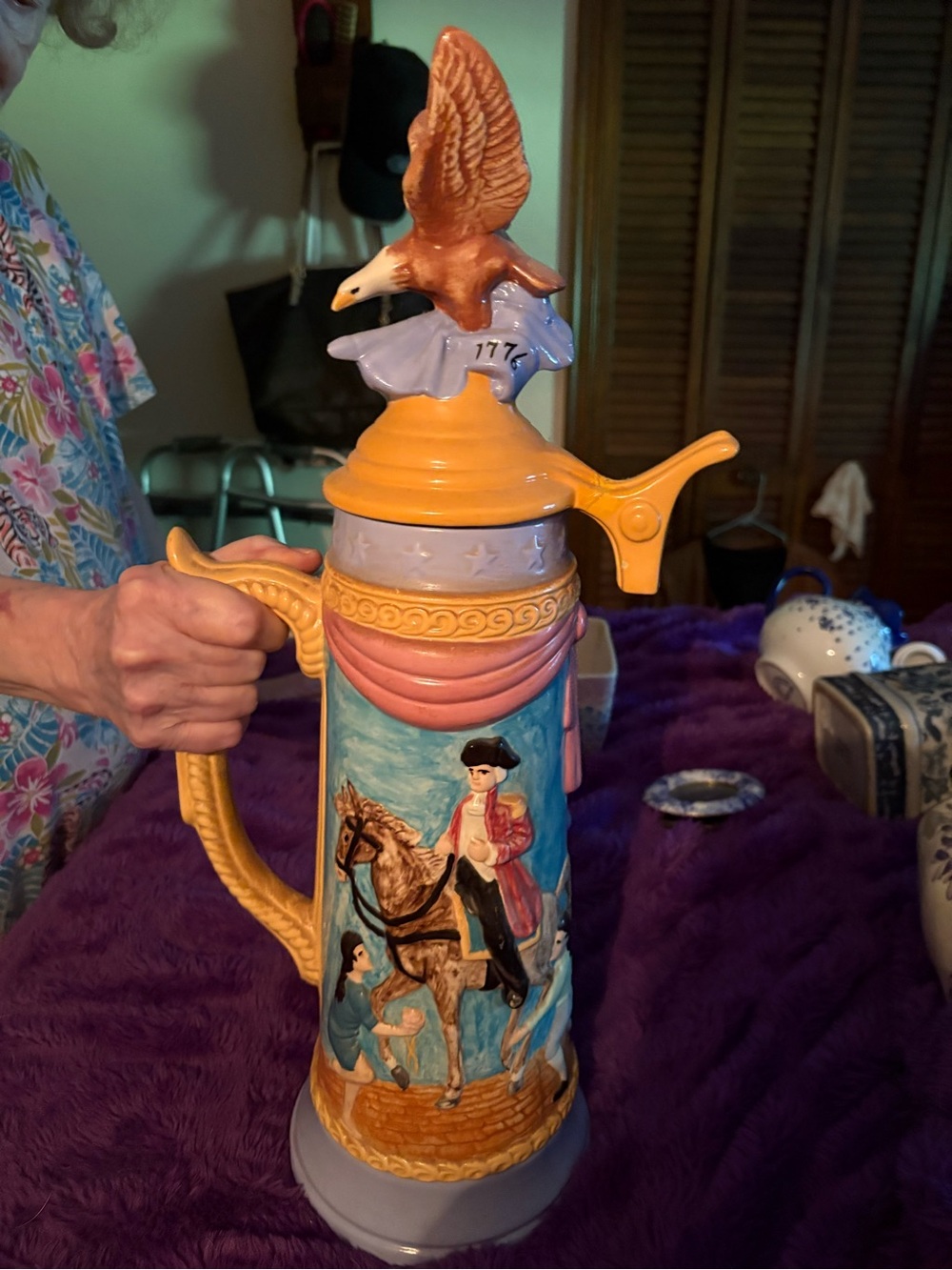 Hand-Painted Ceramic Eagle-Top Stein in Yellow, Blue and Pink Accents